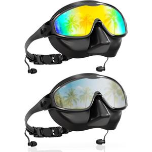 Aegend Swim Goggles with Nose Cover for Adults, 2 Pack Wide View Swimming Goggles Anti-Fog/UV No Leak for Men & Women (Aqua & Bright Silver)