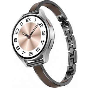 Mosonio Slim Elegant Band Compatible with Samsung Galaxy Watch 7/6/5/4/FE/Active 2 40mm 44mm for Women, 20mm Dressy Metal Bands with Embedded Silicone Accents and Easy-adjust Link Clasps for Galaxy Watch (Black + Cocoa-Brown)