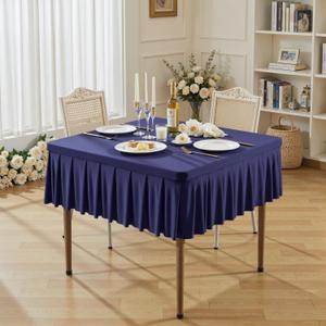 Wish Care Navy Blue Spandex Tablecloths for 34x34 Inch Square Tables, Stretch Fitted Table Clothes with Pleated Ruffle Skirt for 34 Table, Wrinkle Free and Elastic, for Party Kitchen Home Dining