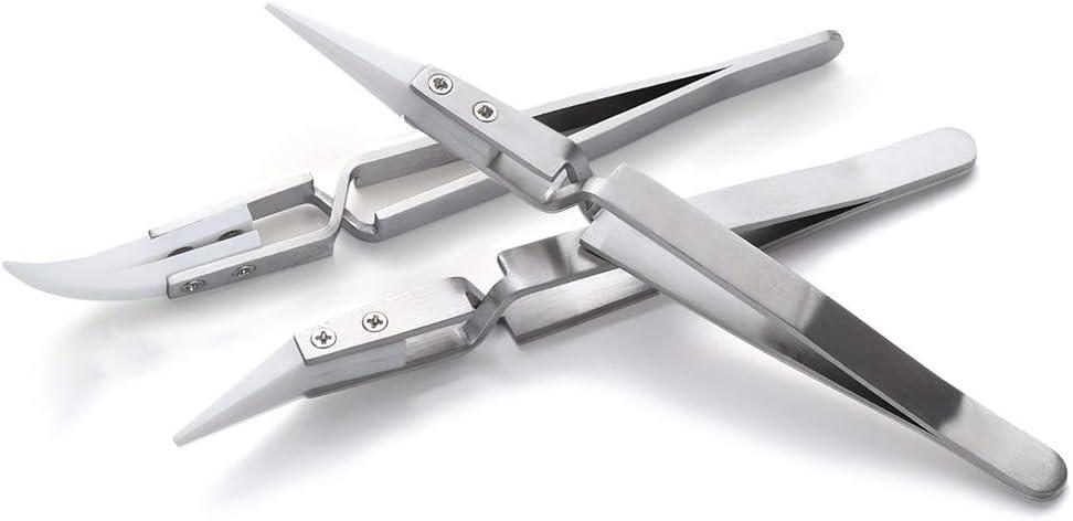 YAKAMOZ 3pcs Precision Reverse Ceramic Tweezers Non-Conductive, Heat Resistant, Anti-Magnetic Pointed & Curved Tips Tweezer Set for Pinching Coils While Firing