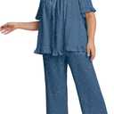 OYOANGLE Women's Plus Size Pajama Set Floral Short Sleeve Sleepwear Ruffle Pants 2 Piece Pjs Lounge Set (Blue, Size: 4X-Large Plus)