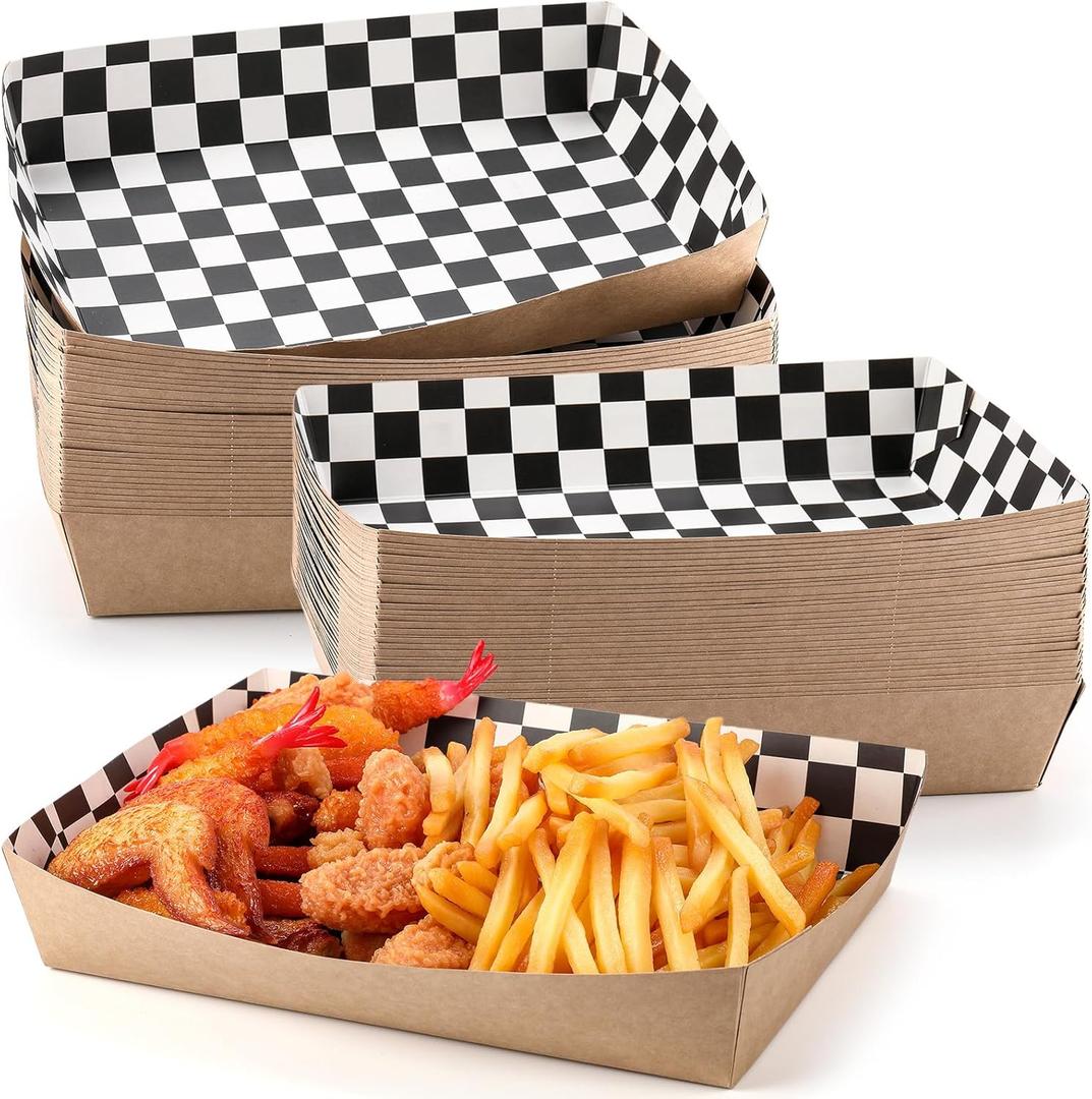 60 Pcs Disposable Black White Checkered Paper Food Trays 5 lb Heavy Duty Kraft Paper Food Serving Boats 10.2 x 7.1 x 2 Inch Nacho Taco Hot Dog Chips Snack Hamburger Holder for Party