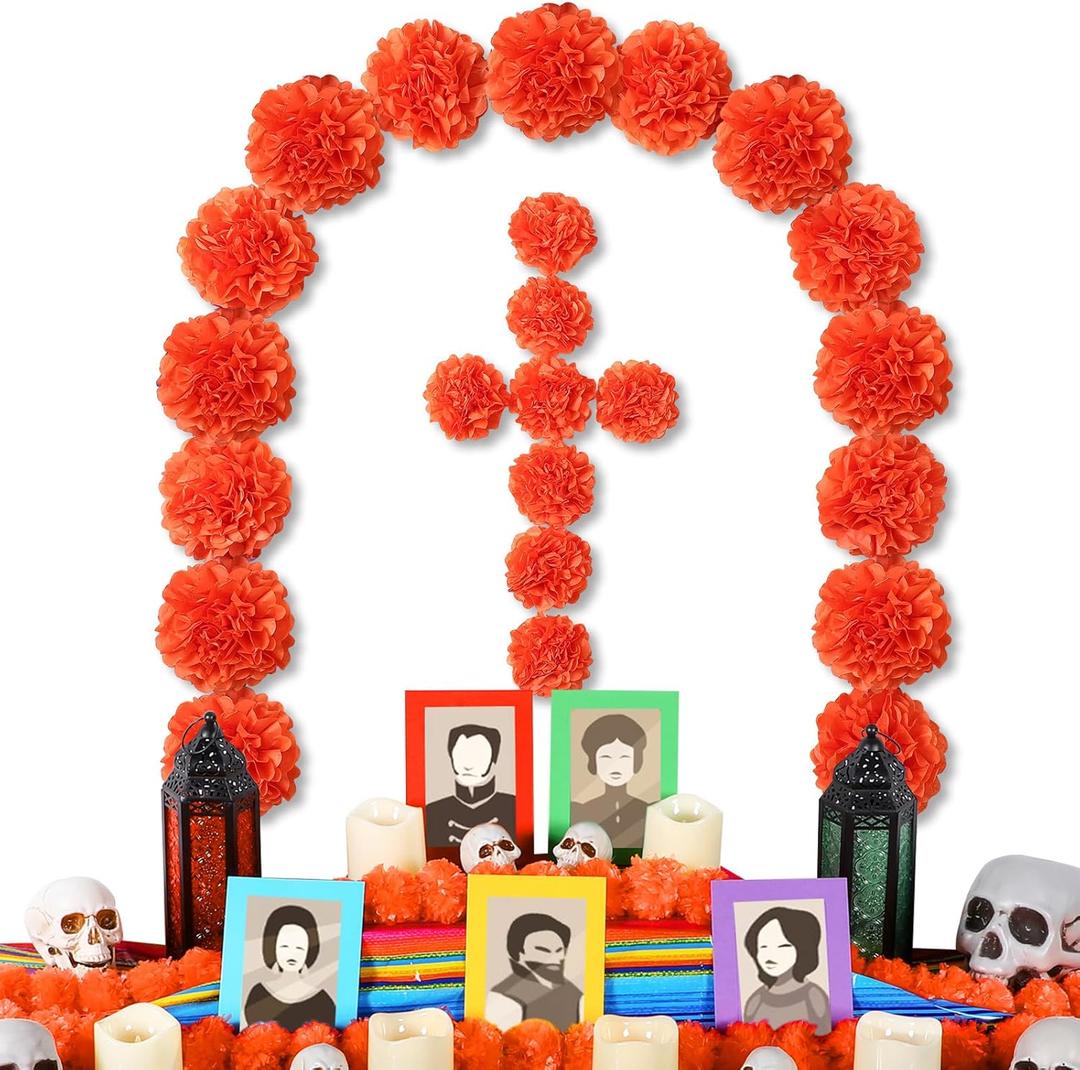 24 Pcs Day of The Dead Decorations Dia De Los Muertos Altar Decor Artificial Marigold Flower Mexican Party Ofrenda Decorations for Diwali Halloween Decor (Orange)