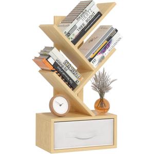 Small Book Shelf with Drawer,4 Tier Black Tree Bookshelf,Wooden Desktop Bookcase,Modern Desk Display Storage Bookshelves,Floor Standing Organizer Bookcases for Living Room,Bedroom,Office (Natural)