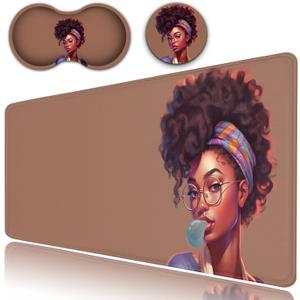 Desk Pad, Extended Large Mouse Pad with Stitched Edges (31.5X11.8In), Ergonomic Mouse Wrist Rest Support, Waterproof Computer Keyboard Mouse Mat, Cute African Black Girls XXL Brown Gaming Mouse Pad