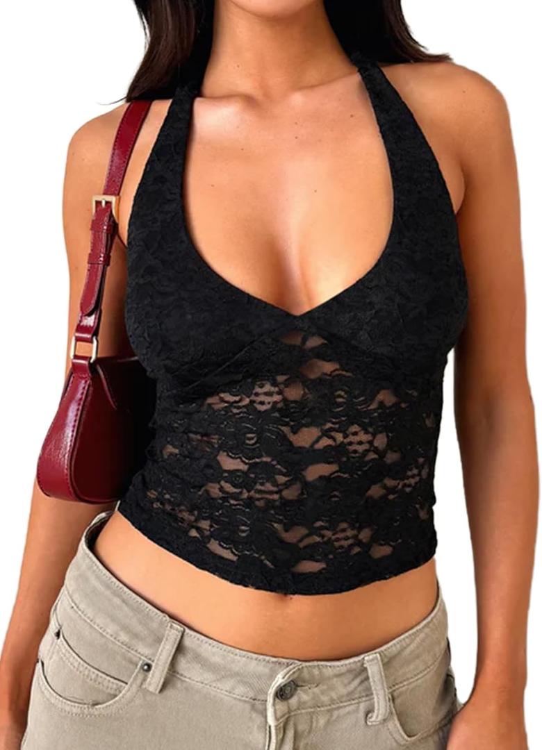 MakeMeChic Women's Halter Top Open Back Lace Sexy Cute Summer Crop Tank Top (Black) Small