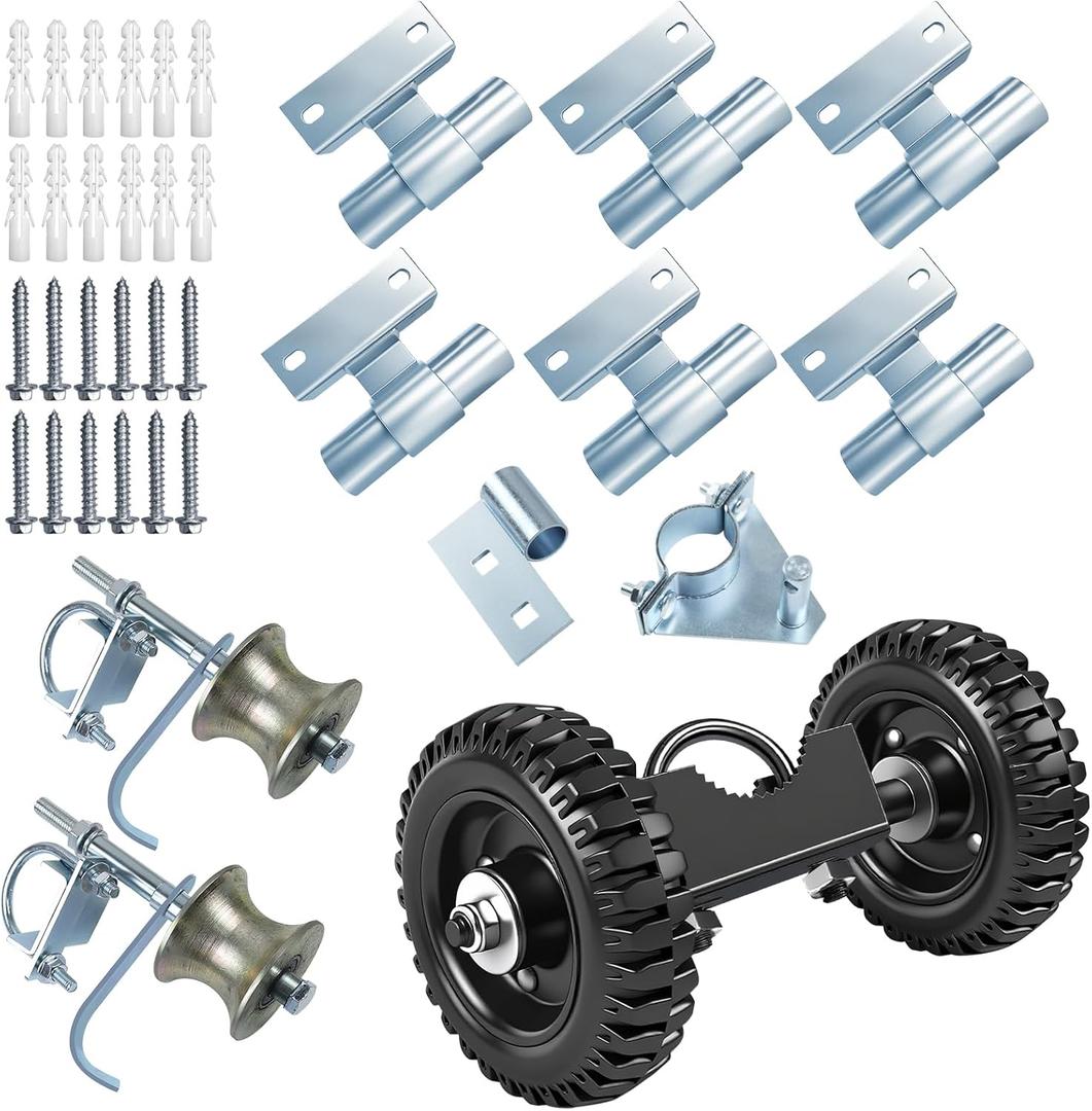 Wall Mounted Rolling Gate Hardware Kit for Chain Link Sliding Gate, Heavy Duty 6” Wheel Carrier with Track Rollers, Wall Mounted Rail Pipes & Rolo Latch, Set for Fence & Driveway Gates