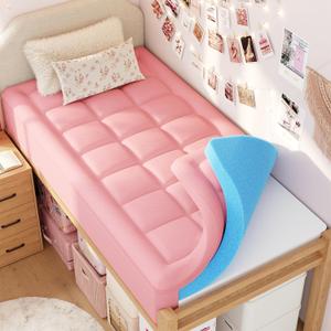 ELEMUSE Twin XL Dorm Dual Layer 3 Inch Memory Foam Mattress Topper | College Essentials for Girls Pink, 2 Inch Cooling Gel Foam with 2 Inch Plush PillowTop, Relief Comfortable Support