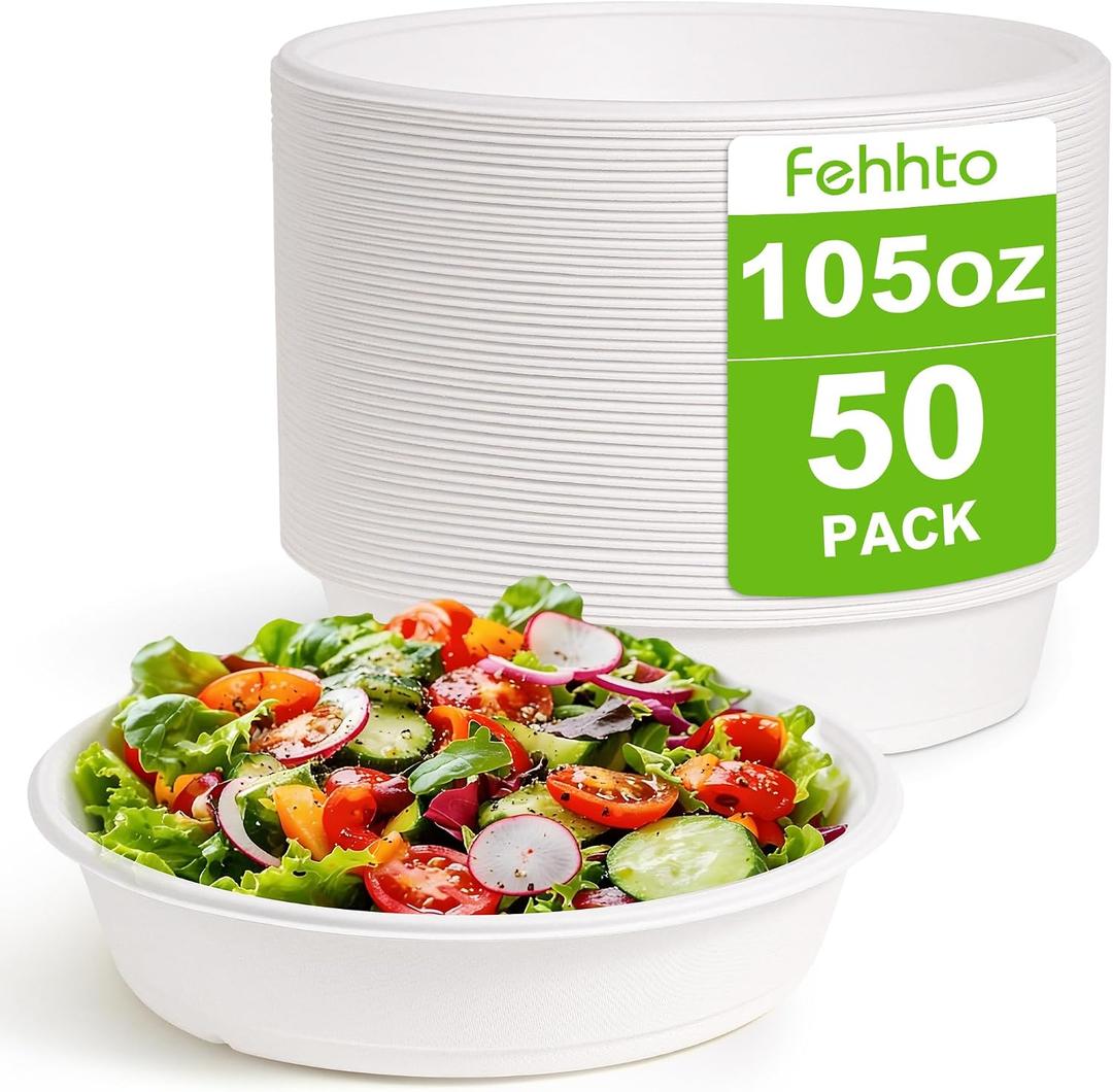 50-Pack 105oz Extra Large Disposable Paper Salad Bowls, Heavy Duty Sugarcane Fiber Paper Serving Bowls for Pasta, Soup & Party Sharing, Microwave Safe