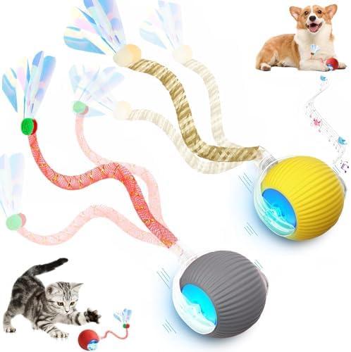 2 Packs Speed 2.0 Tail Interactive Cat Toys for Indoor Cats, Chirping & Motion Activate Ca t Toy, Smart Kitten Rolling Ball Moving Ball Toys, Rechargeable Dog Cat Ball for Enrichment Exercise