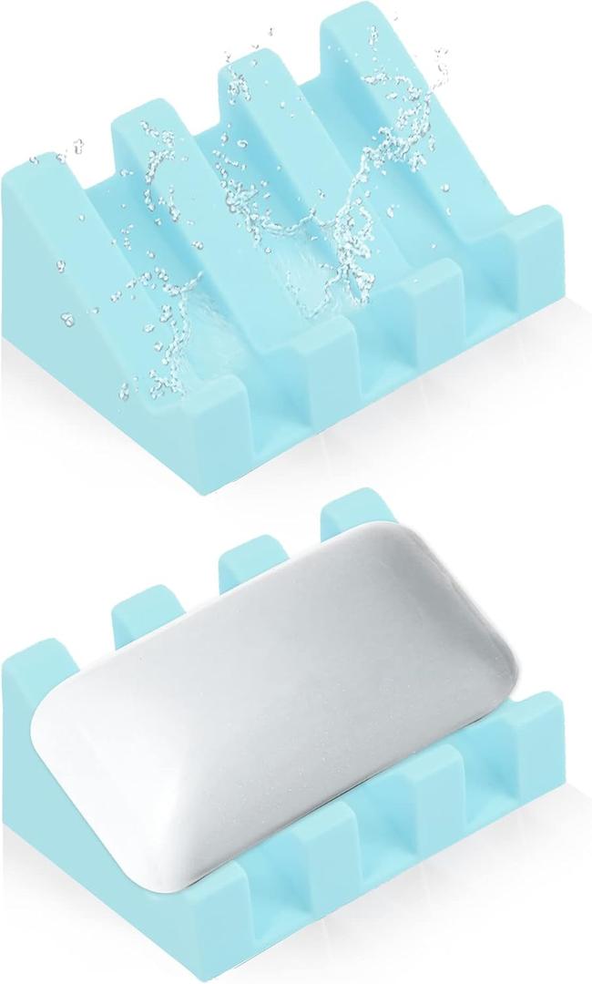 Silicone Soap Dish for Bar Soap Holder for Shower Bathroom Self Draining Waterfall Drying Tray Keep Soap Bars Dry Clean & Easy Cleaning (Sky Blue,2)