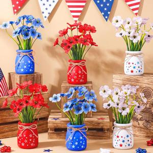Patelai 6 Set 4th of July Patriotic Star Mini Mason Jar Vases with Artificial Flowers, Red White Blue Glass Vase Celebrating 250 Years of Independence Day Table Centerpiece Tiered Tray Mantel Decor