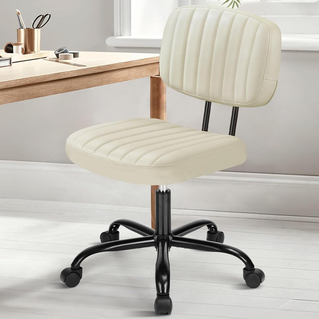 DUMOS Small Armless Home Desk Chair with Low Back Lumbar Support, Height Adjustable PU Leather Computer Task Chair with 360 Swivel Wheels, for Small Space, Kids and Adults, Beige White