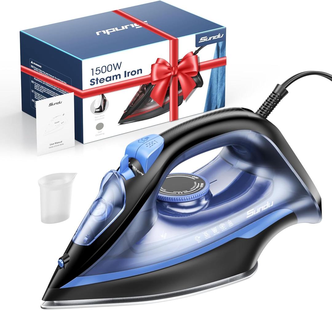 1500-Watt Steam Iron with Ceramic-Coated Soleplate and Burst Steam, 3-Way Auto-Off, Temperature Settings for Variable Fabric (Dark Blue)