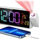 Netzu Projection Clock for Bedroom Ceiling, Alarm Clocks with 180 Rotatable Projector, Date Temperature and Weekday, Manual DST, 5 Brightness, 10 Ringtones, 4 Volumes (White RGB)