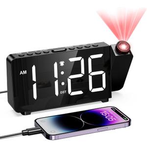 LOFICOPER Projection Alarm Clock for Bedroom, Digital Alarm Clock with 180 Rotatable Projector, 7.4'' Large LED Display, Adjustable Brightness & Volume, for Seniors Teens Heavy Sleepers