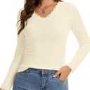Womens Long Sleeve Lace T-Shirts V Neck Layering Basic Shirts Tops Slim Fit Stretch Undershirts Tee 2025 (Beige, M)