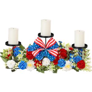 Mumufy 18.5" Big 250th Anniversary Patriotic Table Centerpiece Decor, 4th of July Candle Holder Red White and Blue Artificial Flower Wreath Ring USA American for Memorial Day (Elegant Style)
