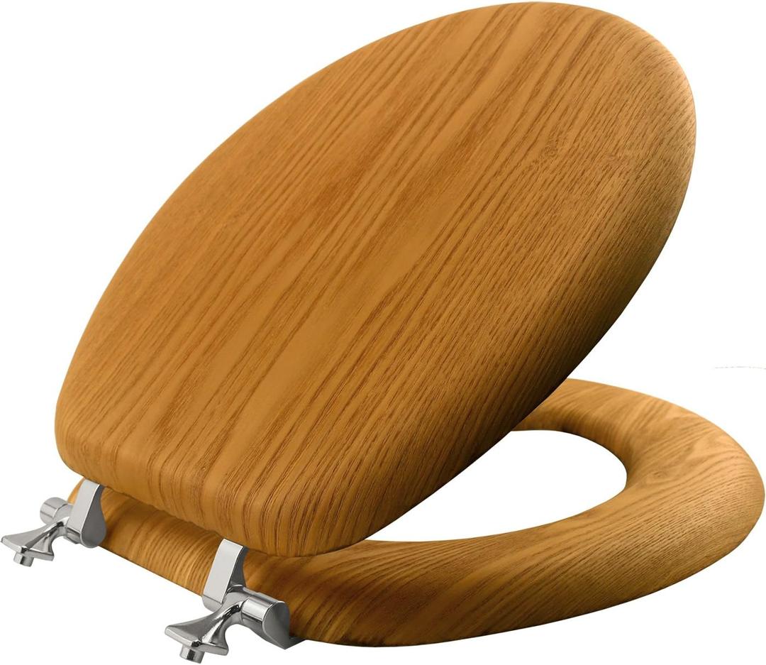 Mayfair Natural Oak Veneer Toilet Seat with Chrome Hinges, Round, Wood