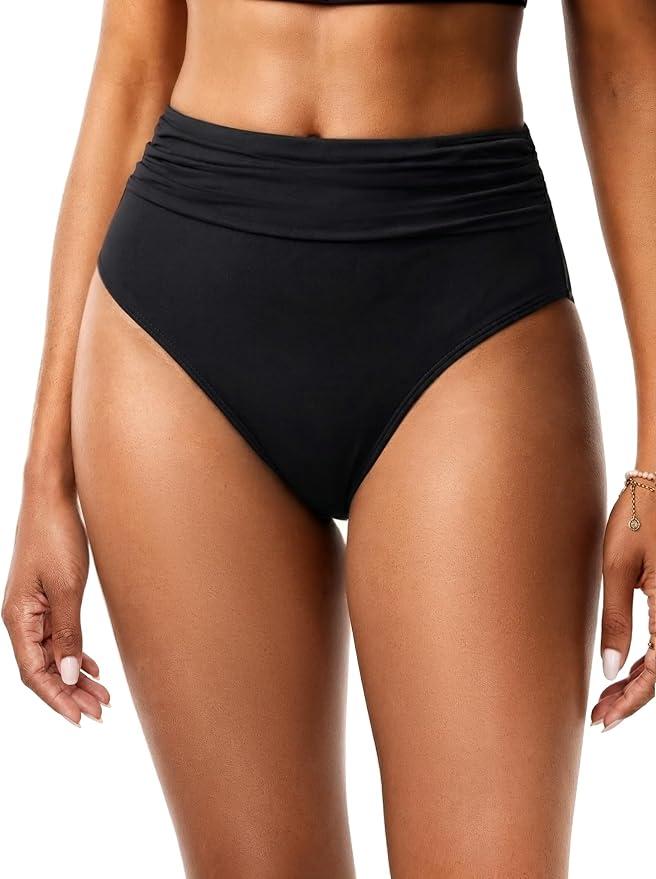 Women's High Waisted Bikini Bottoms High Cut Tummy Control Swimwear Black, Large