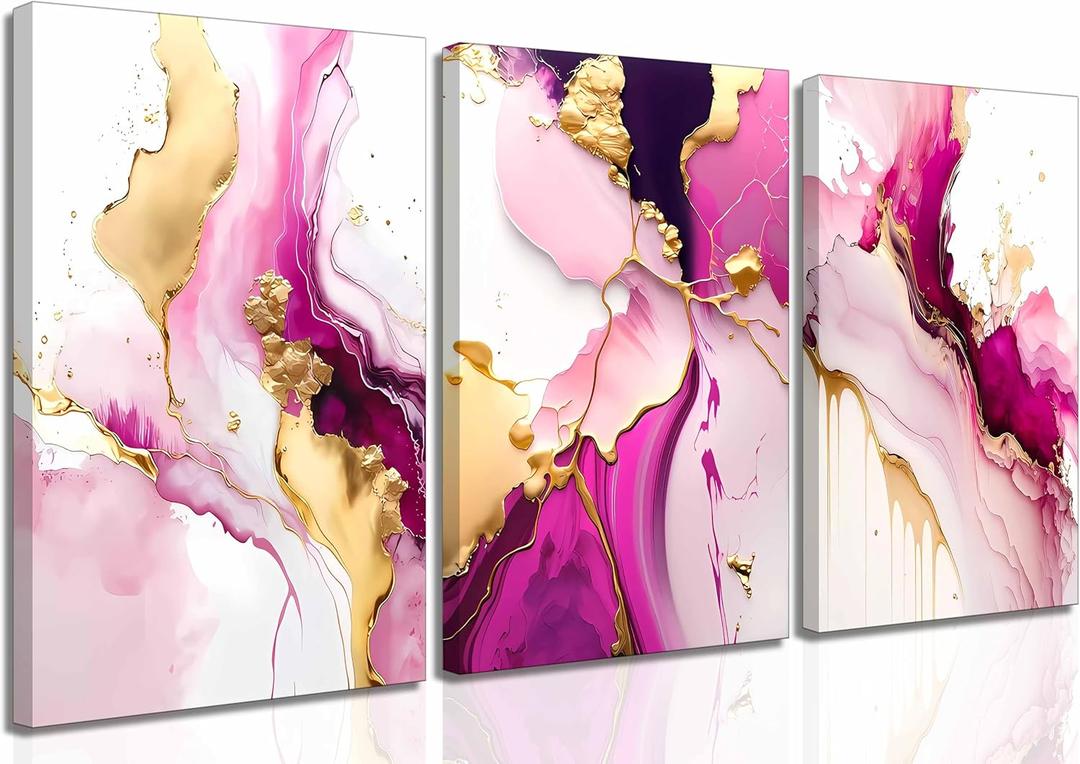 3 Pcs Pink Gold Canvas Wall art Modern Abstract Geometric Luxury Fluid Blush Marble Painting Pictures Wall Decor Posters Print Artwork for Living Room Office Bathroom Bedroom Home Decoration
