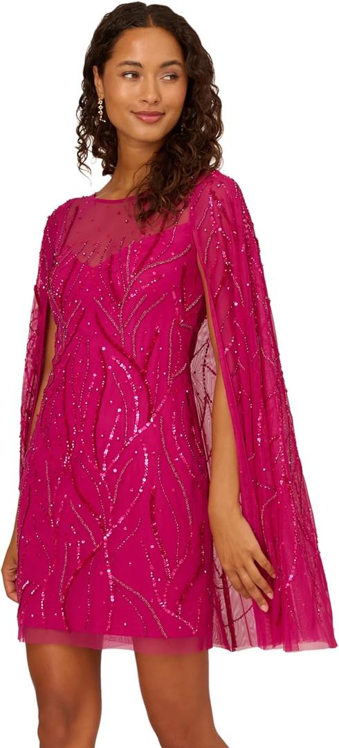 Adrianna Papell Women's Beaded Short Cape Sleeve Dress (6, Hot Orchid)