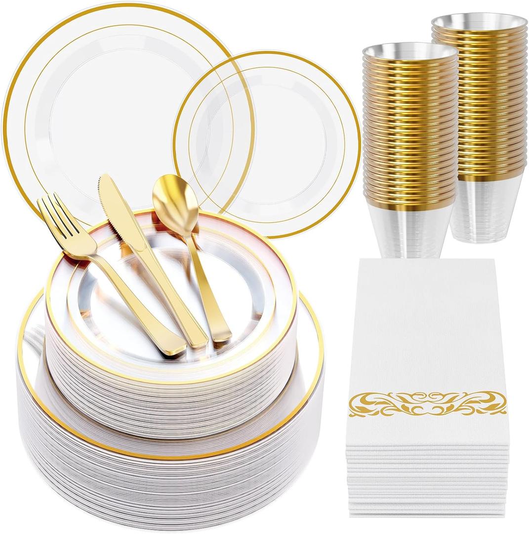 FOCUSLINE 350 Ct Clear Gold Dinnerware Set for 50 Guests - Gold Rimmed Clear Disposable Plastic Plates, Includes 50 Dinner & Salad Plates, Cups, Cutlery Set for Wedding Parties