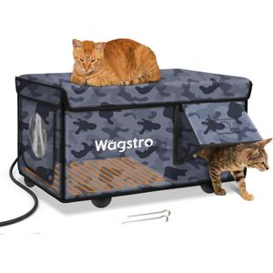 Heated Cat House for Outside, Waterproof Awning & Escape Door Heated Cat Houses for Indoor/Outdoor Cats in Winter, Elevated & Insulated Outdoor Cat Shelter for Feral Cat(Black Camo, 25.2"x16.5"x13")