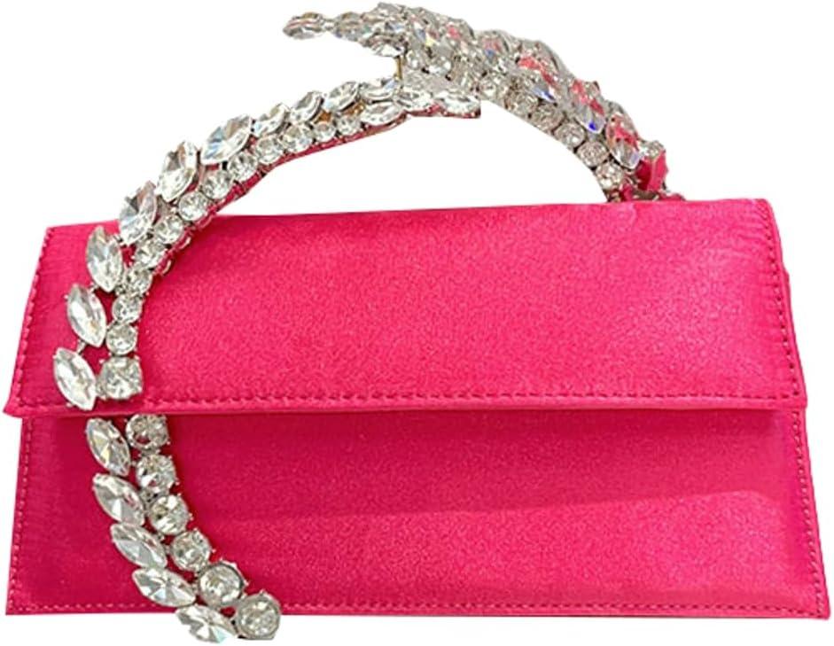 Evening Bag For Women Glitter Crystal Handle Clutch Purse Flap Handbags For Wedding Party Chain Crossbody Bags (Rose)
