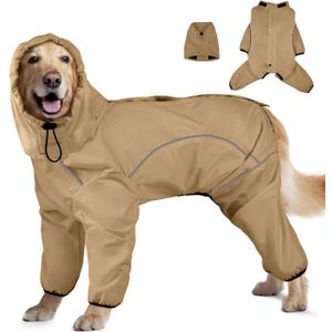 Dog Raincoat, Waterproof Dog Rain Jacket with Removable Hood Adjustable 4 Legs Pet Poncho with Leash Hole Reflective Stripe Hooded Snow proof Windproof Clothes for Dogs, M (Khaki Green)