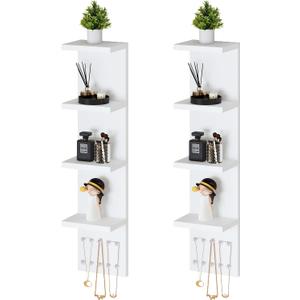 4 Tier White Lack Shelf Vanity Wall Shelf with 10 Crystal Hooks - Multi-Functional Storage for Makeup, Jewelry, Plants, Awards & Display (L7.1 x W5.5 x H30.7) (2)