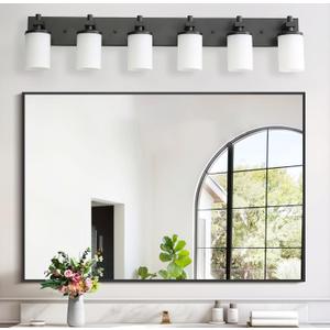 LOUSACE Bathroom Lighting Fixture Over Mirror, 6 Light Bathroom Vanity Lights Matte Black with Opal White Glass Shades, E26 Bulb Base, Wall Sconces Vanity Lighting Fixtures for Bathroom Living Room