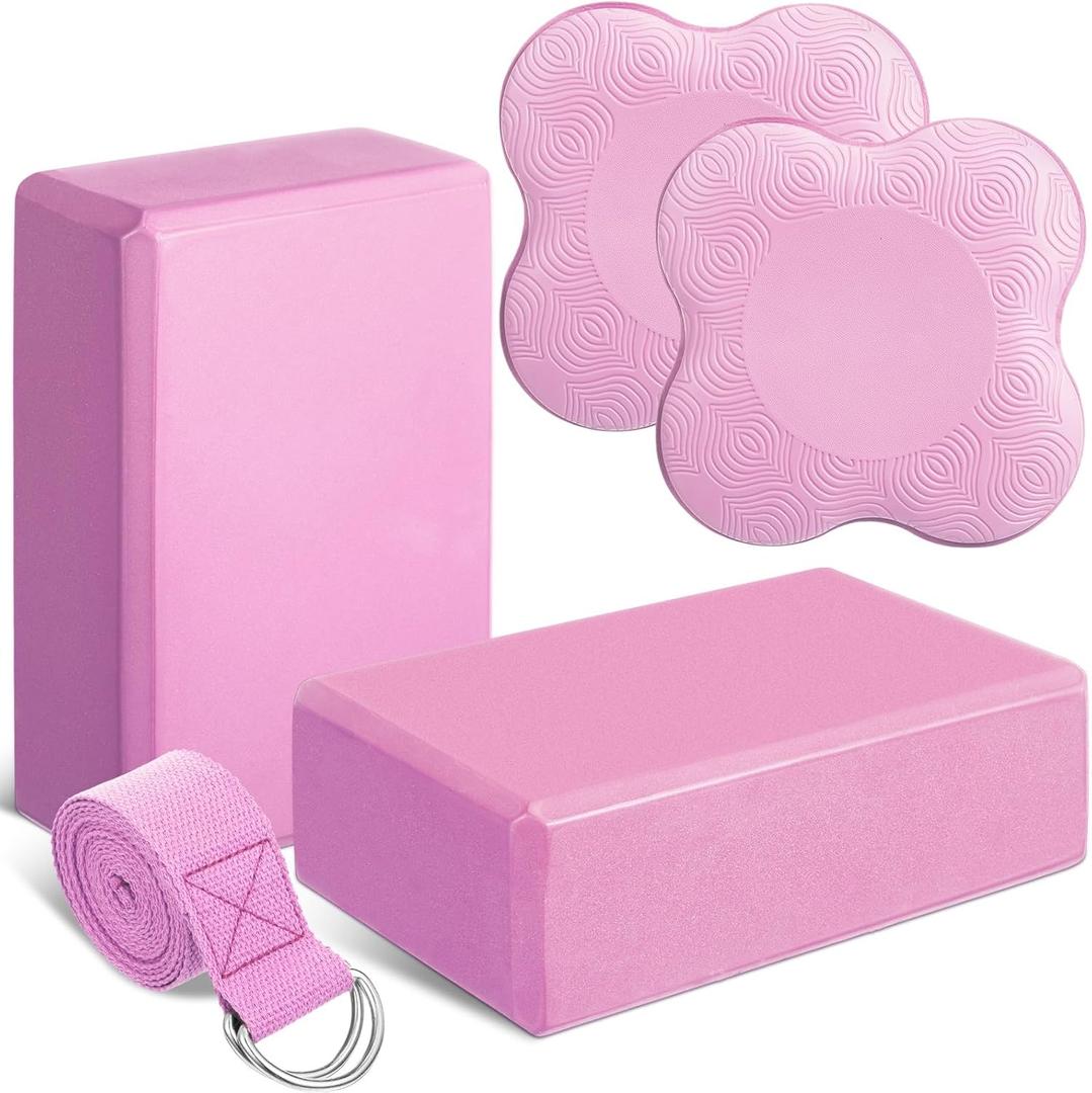RoundFunny 5 Pcs Yoga Blocks Knee Pads Yoga Strap Set Soft Premium Foam Blocks Accessories for Pilates Meditation General Fitness Stability, Kneeling, Balance, Deepen Stretches and Toning (Pink)