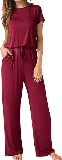 LAINAB Womens Soft Summer Jumpsuits Short Sleeve Casual Wide Legs Rompers, Size S