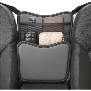 FSTURIOS Car Organizer Storage Between Seats, Nappa Leather Front Seat Storage Bag with Tissue Holder, Automotive Console Hanging Net Pocket Handbag Holder for Phone Document (Gray)