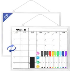 8 x Monthly Calendar Dry Erase Board for Wall, 16"x12" Double-Sided Magnetic Calendar White Board with Hooks, Silver Aluminum Alloy Frame Hanging Whiteboard for Office, Home, School