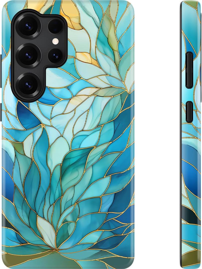 Esdot for Samsung Galaxy S25 Ultra Case,Aesthetic Vintage Blue Leaves Wildflower Girly Shell,Compatible with Magsafe,Trendy Unique Retro Western Protective Slim Silicone Phone Cover for Women Girls