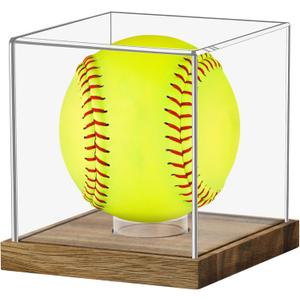 Clear Acrylic Softball Display Case with Wood Base, Memorabilia Stand Cube Holder, Dust Protection Transparent Storage Box for Single Ball Souvenir Softball Collections