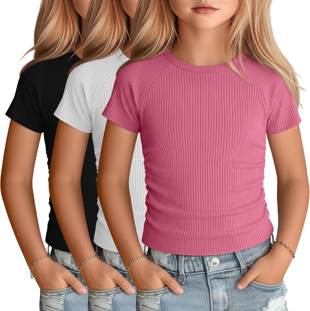 3 Pack Girls Short Sleeve Cute Shirts | Ribbed Knit, Crew Neck, Slim Fit, Summer, Basic, Soft, School Outfit, Trendy, Ages 5-14, Solid Colors, Versatile Styling