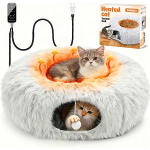 Heated Cat Bed Indoor 31.5'' Cozy Warming Donut Cat Tunnel Bed with Timer & Temp Adjustable, Removable Waterproof Electric Heating pad, Play & Rest in One, Treat Your Kitty to Warmth & Fun (Grey)
