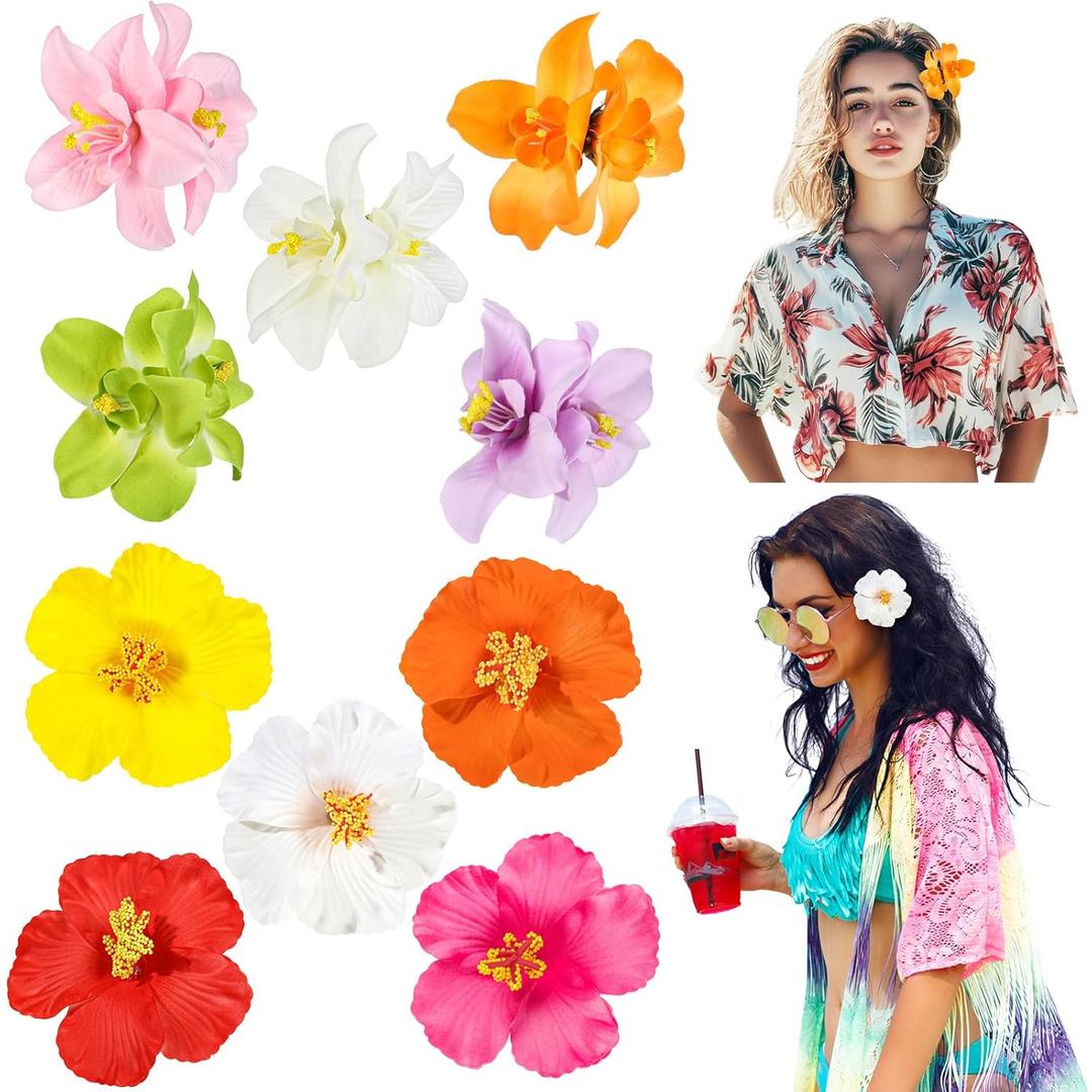 10 Pcs Hawaiian Flower Hair Clips for Women, Plumeria Hibiscus Hair Clips, 3.5 Inch Artificial Flower Clips for Vacation Party Beach Seaside (Multicolor 2)