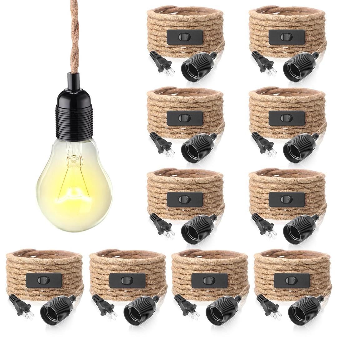Retisee 10 Pcs 10ft Pendant Light Cords Kit with Switch Rope Cord Fixtures Hanging Vintage Lamp with Plug Twisted Nylon Pendant Lamp Extension E26 E27 for Farmhouse Industrial Home DIY Decoration