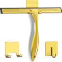 All-Purpose Stainless Steel Shower Squeegee for Shower Doors with 2 Adhesive Hooks, Bathroom Cleaner Tool Household Window Mirror Squeegee for Home Cleaning, Glass Door, Tile Wall, Car, 10 Inch Golden