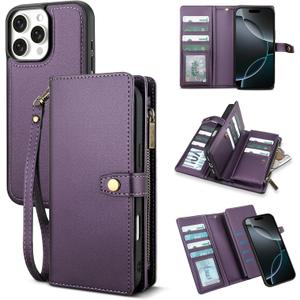 TwoHead Wallet Case Compatible with iPhone 16 Pro,Detachable Magnetic Phone Case,PU Leather All-Round Protective Cover Wallet with Card Holder/Change Pocket,6.3 in,Deep Purple