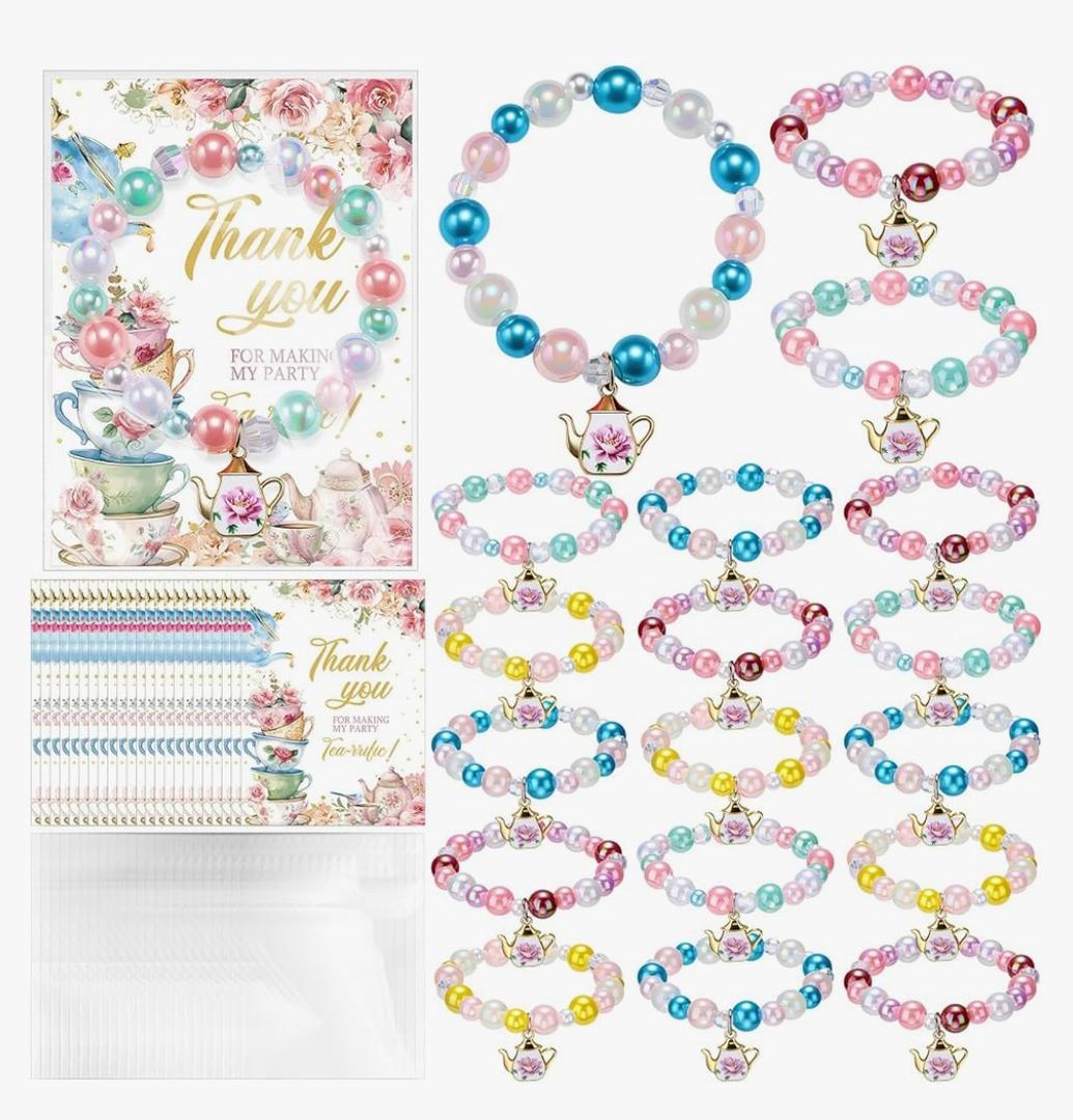 Misdary Tea Party Favor Bracelets Kids Set Include Mini Flower Teapot Beaded Bracelet Thank You Cards Transparent Bags Gifts Tea Party Accessories for Girls Women Spring Birthday Decorations