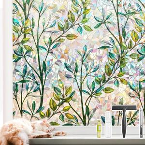 NINETREX Stained Glass Window Film 3D Decorative Cling, Sun Blocking Static Cling Removable Film for Glass Door, Home Decor Window Cover Non-Adhesive 35.4 x 78.7 inches, Leaf