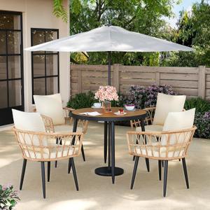 Pamapic 5-Pieces Patio Dining Set with Wood Table Top, All-Weather PE Rattan Patio Furniture Set, Outdoor Dining Furniture with Removable Cushion Chairs & Round Table for Garden Lawn Patio,Cream