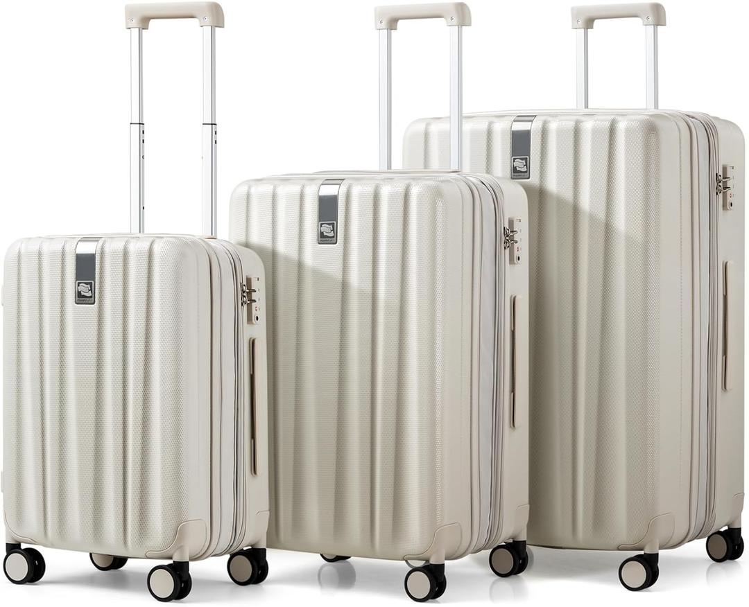 Hanke Expandable Hardshell Luggage Sets 3 piece Carry on Luggage with Wheels Suitcases Lightweight Checked Travel Luggage Rolling Large Suitcase Travel Luggage Bag Woman Men 20/24/29 Inch(Ivory White)