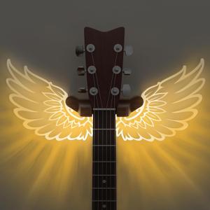 Guitar Stand Wall Mount with Luminous Angel Wings, Acrylic Wooden Guitar Hanger Shelf with USB Powered, for Acoustic Electric Bass Ukulele, Gift for Music Lovers Men Guitar Players