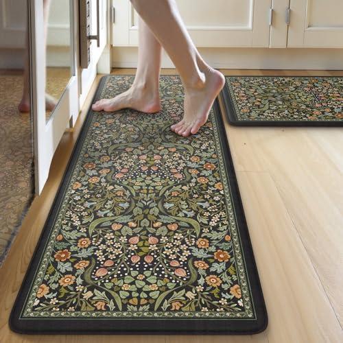 Collive Kitchen Mats for Floor 1PCS, Cushioned Anti Fatigue Mat Non Slip Waterproof Kitchens Sink Rug, Vintage Spring Floral Rugs Comfort Standing Mat for Laundry, Desk, Bar, Office, Black